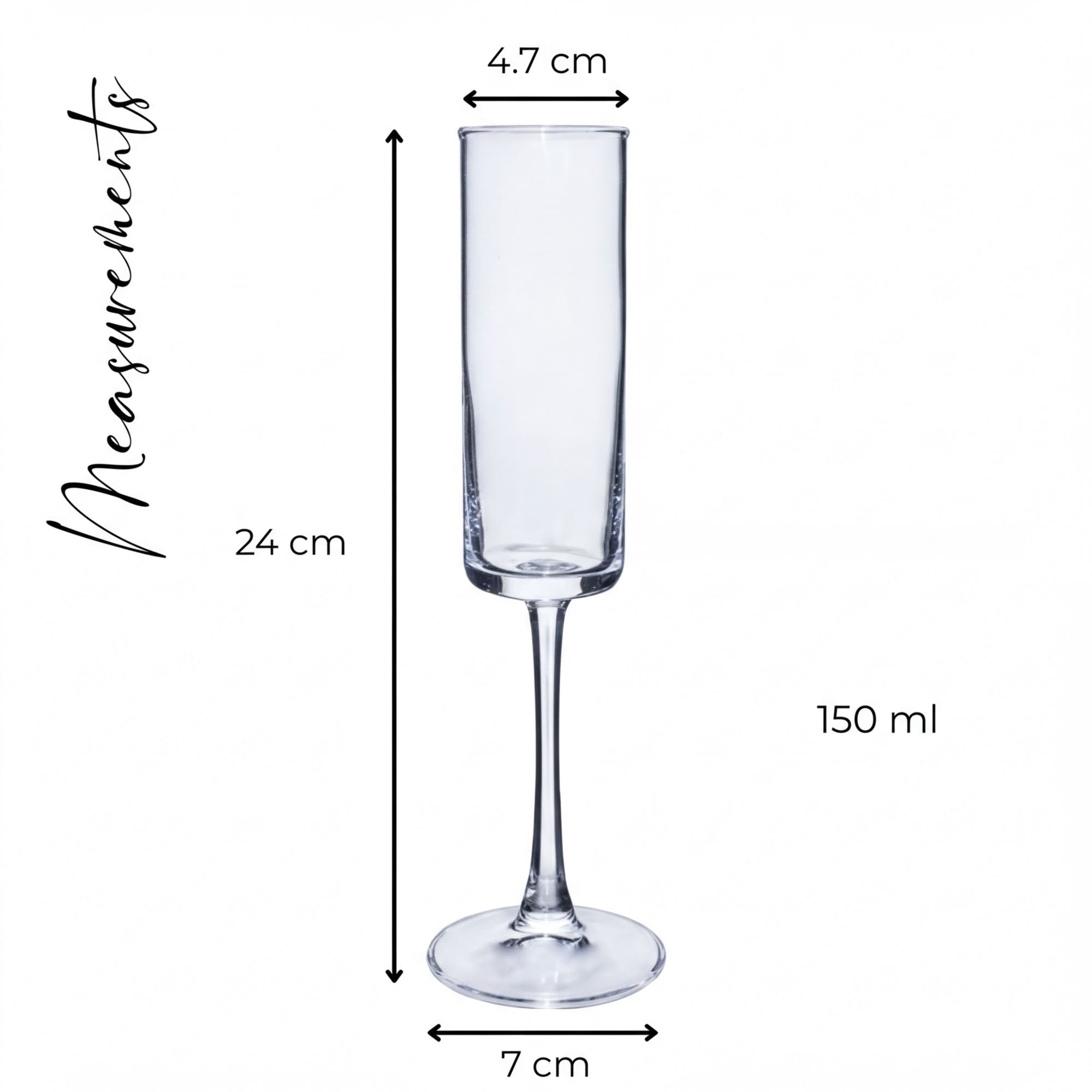 a clear glass wine glass with measurements and dimensions provided.
