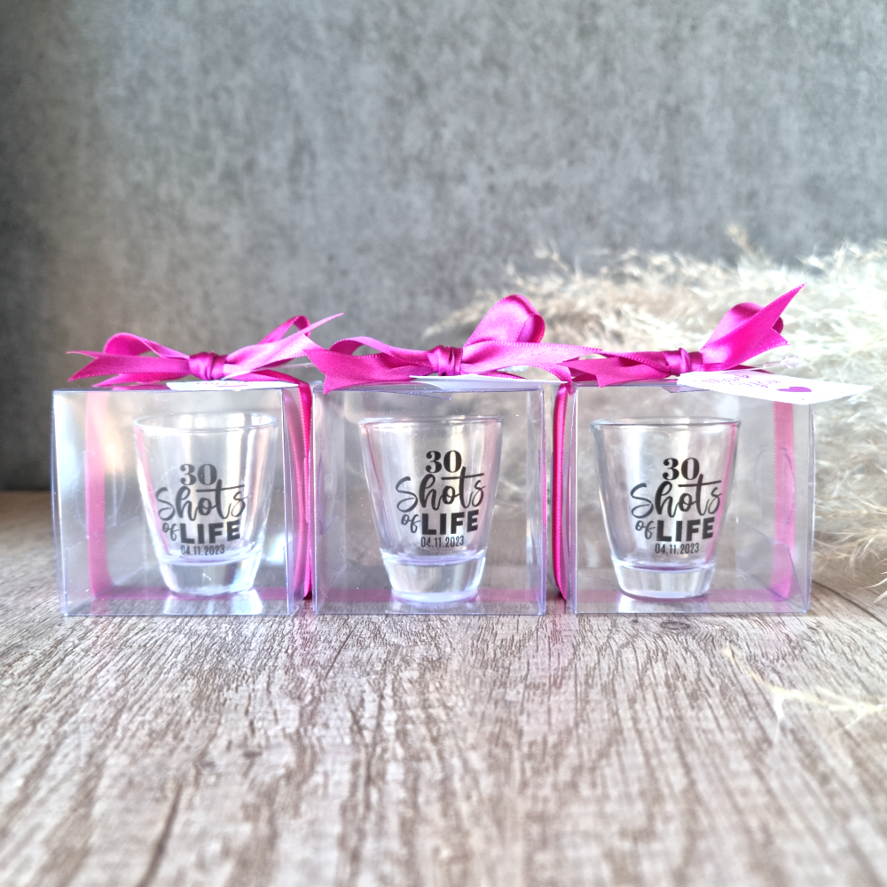 Personalised Shot Glass with custom sticker in a giftbox