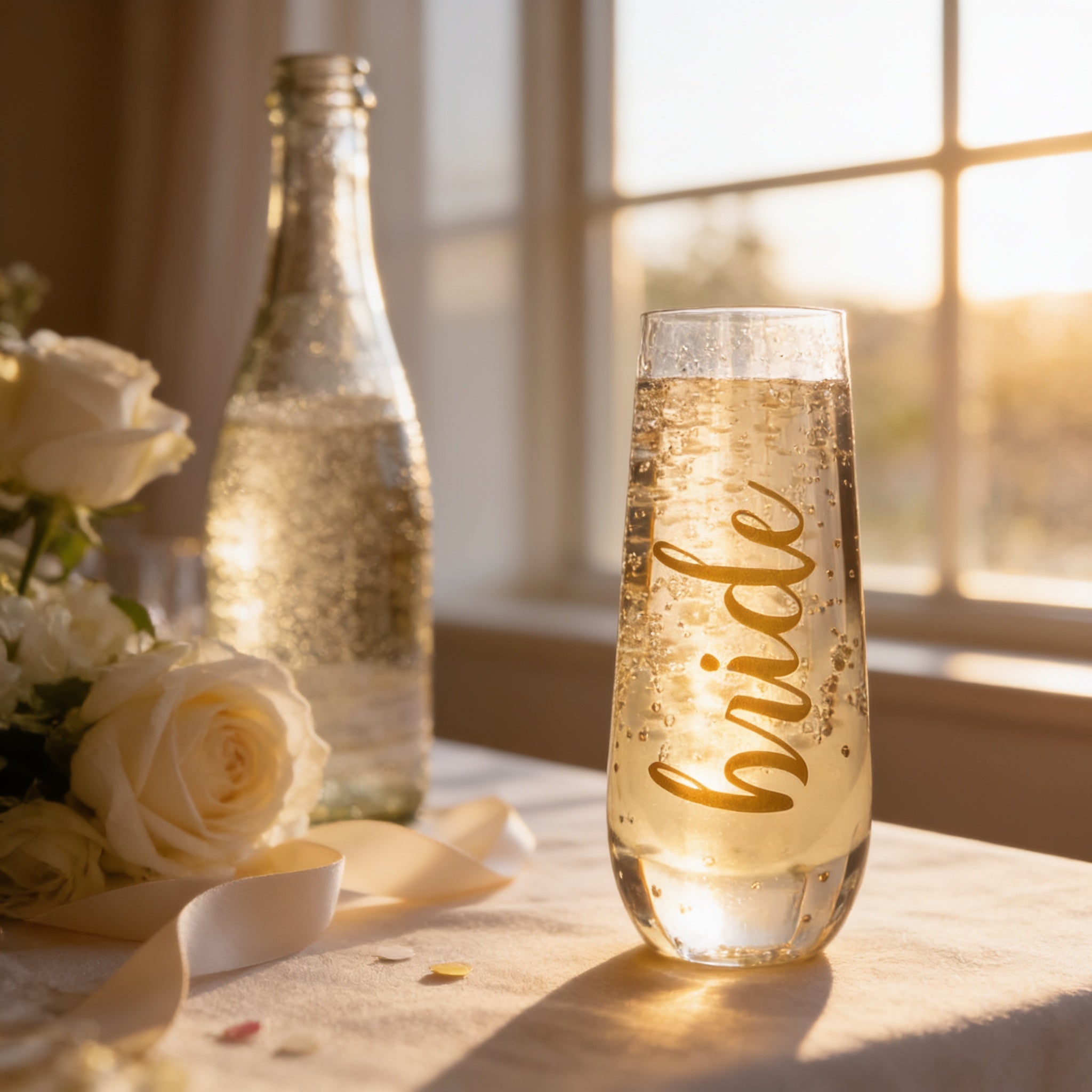 a glass of champagne with the word "bride" written on it, placed on a table with a bottle of champagne and some flowers in the background.
