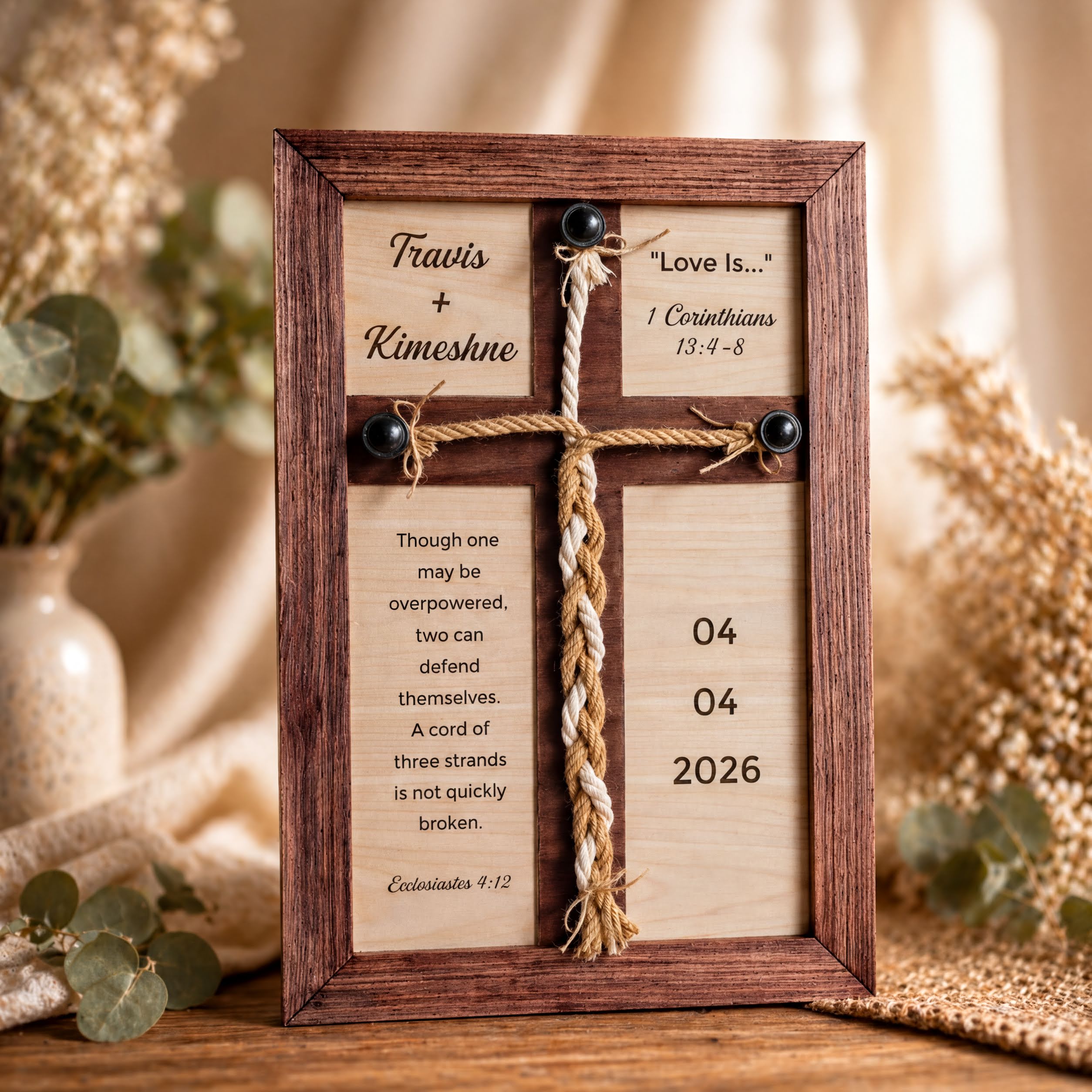 A wooden cross-shaped frame with a Bible verse and a date displayed on it, placed on a wooden surface with some greenery in the background.