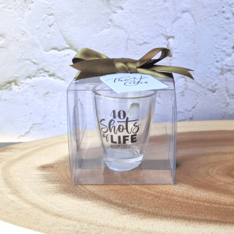 Personalised Shot Glass with custom sticker in a giftbox