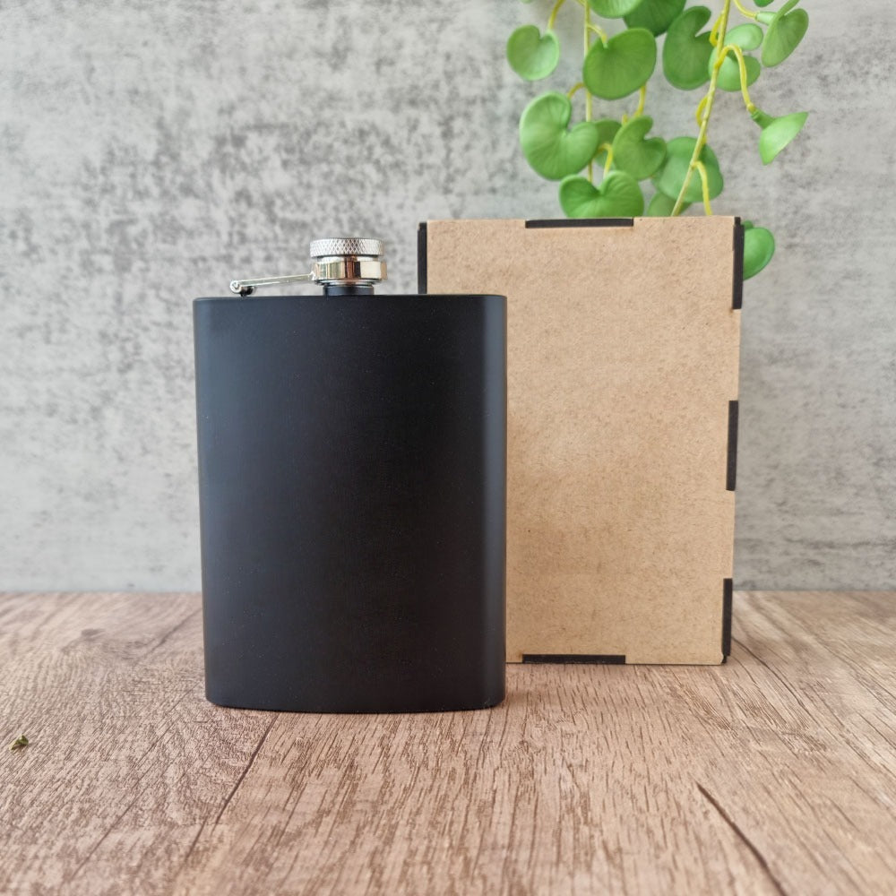 Sleek black hip flask with wooden gift box