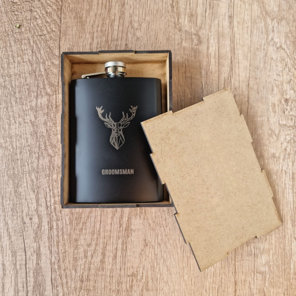 Sleek black hip flask with engraving