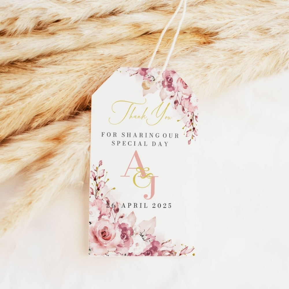 Thank You Tag - Rectangular - Blushing Pink Blooms, white, wedding favour