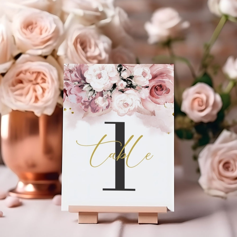 Blushing Pink Blooms Table Numbers, white, table number