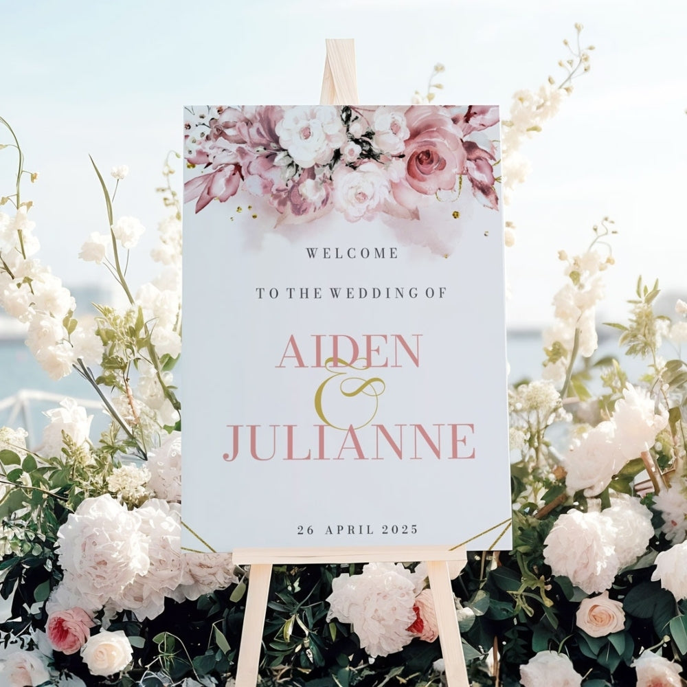Welcome Sign - Blushing Pink Blooms, white, welcome sign