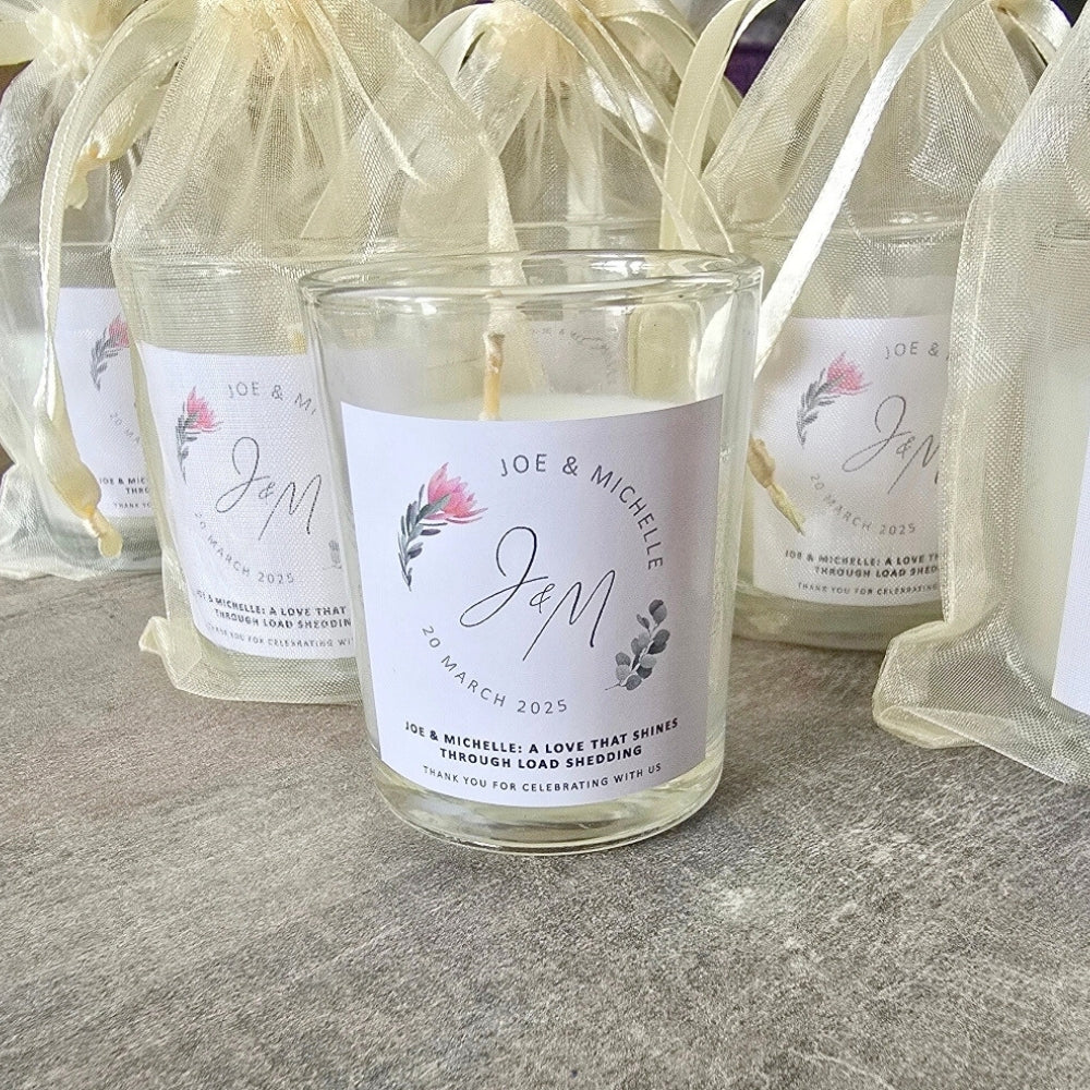 Personalised Candle Votive in full colour/kraft in organza gift bag, kraft, white