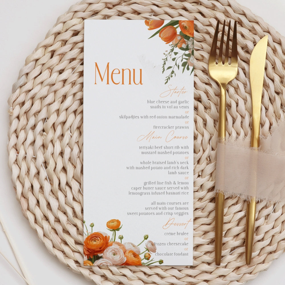 Charming Orange Florals Menu, orange, menu