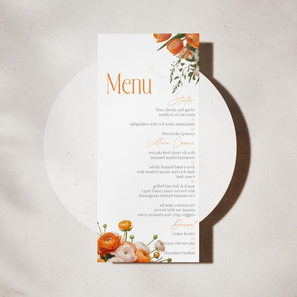 Charming Orange Florals Menu