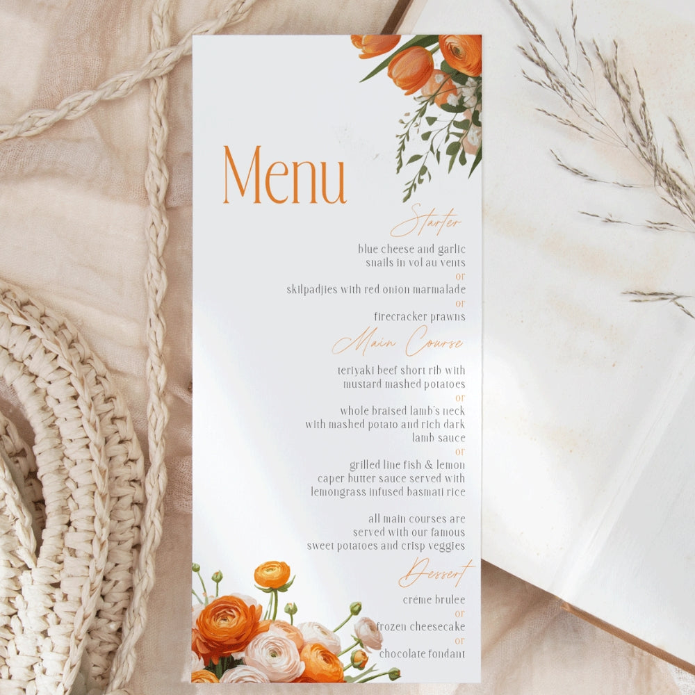 Charming Orange Florals Menu set