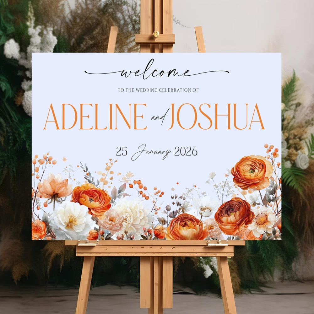 Welcome Sign - Charming Orange Florals - Landscape, orange, welcome sign