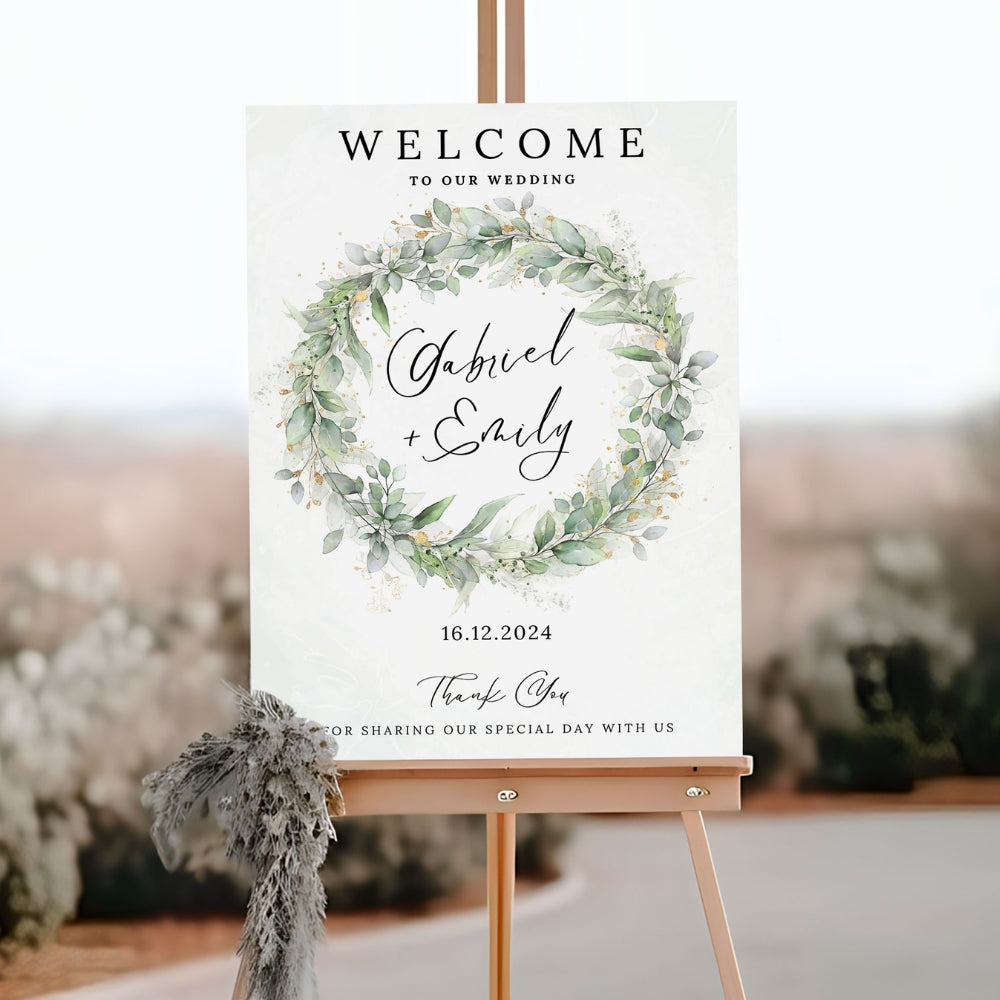 Welcome Sign - Elegant Green Botanical Wreath, green, welcome sign