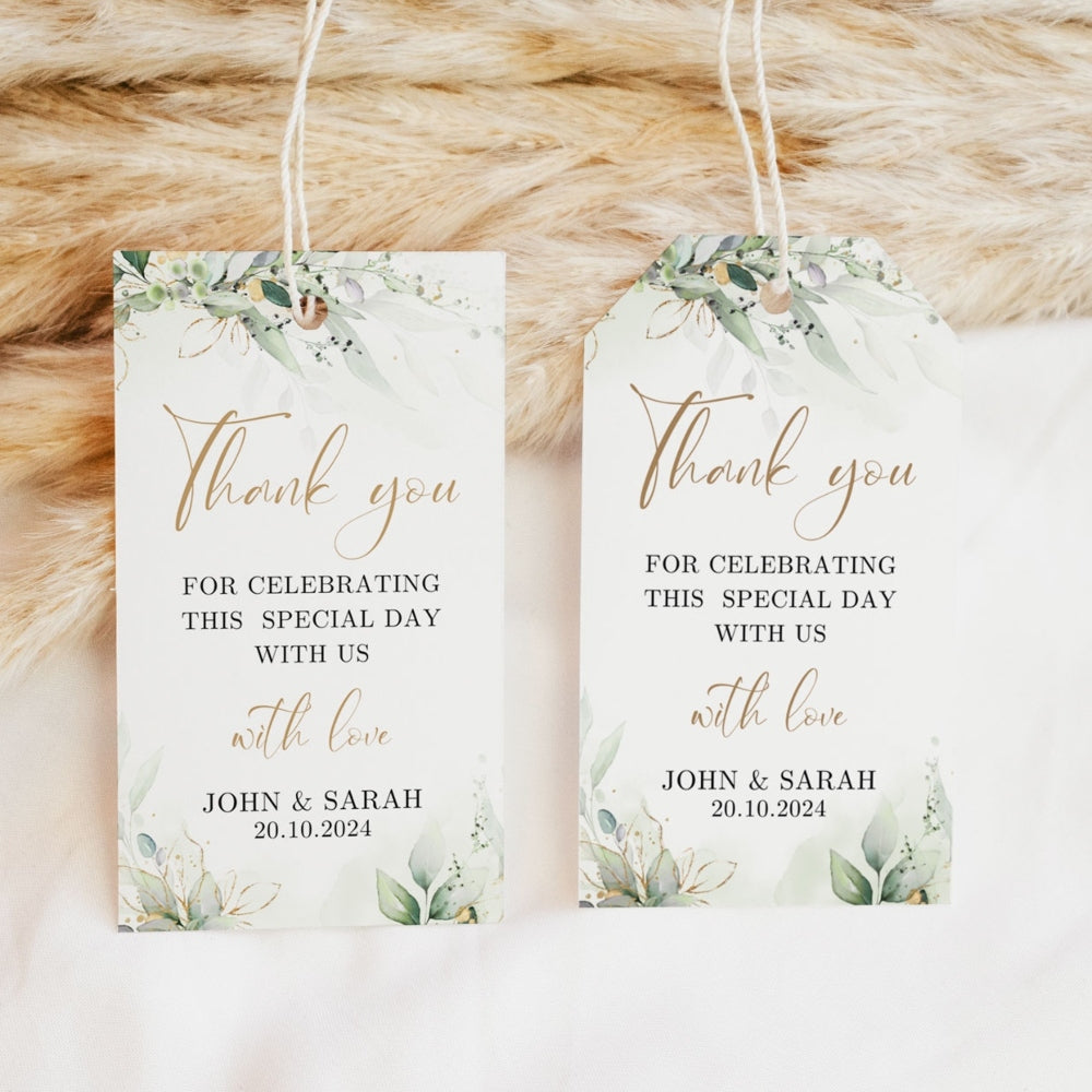 Thank You Tag - Rectangular - Elegant Green Botanical, gold, wedding favour