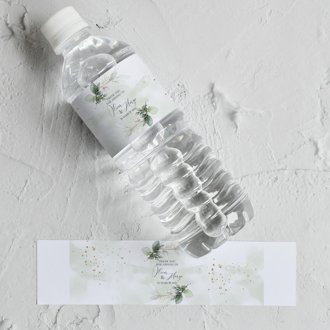 Elegant Green Botanical Water Bottle Label Stickers, gold, sticker