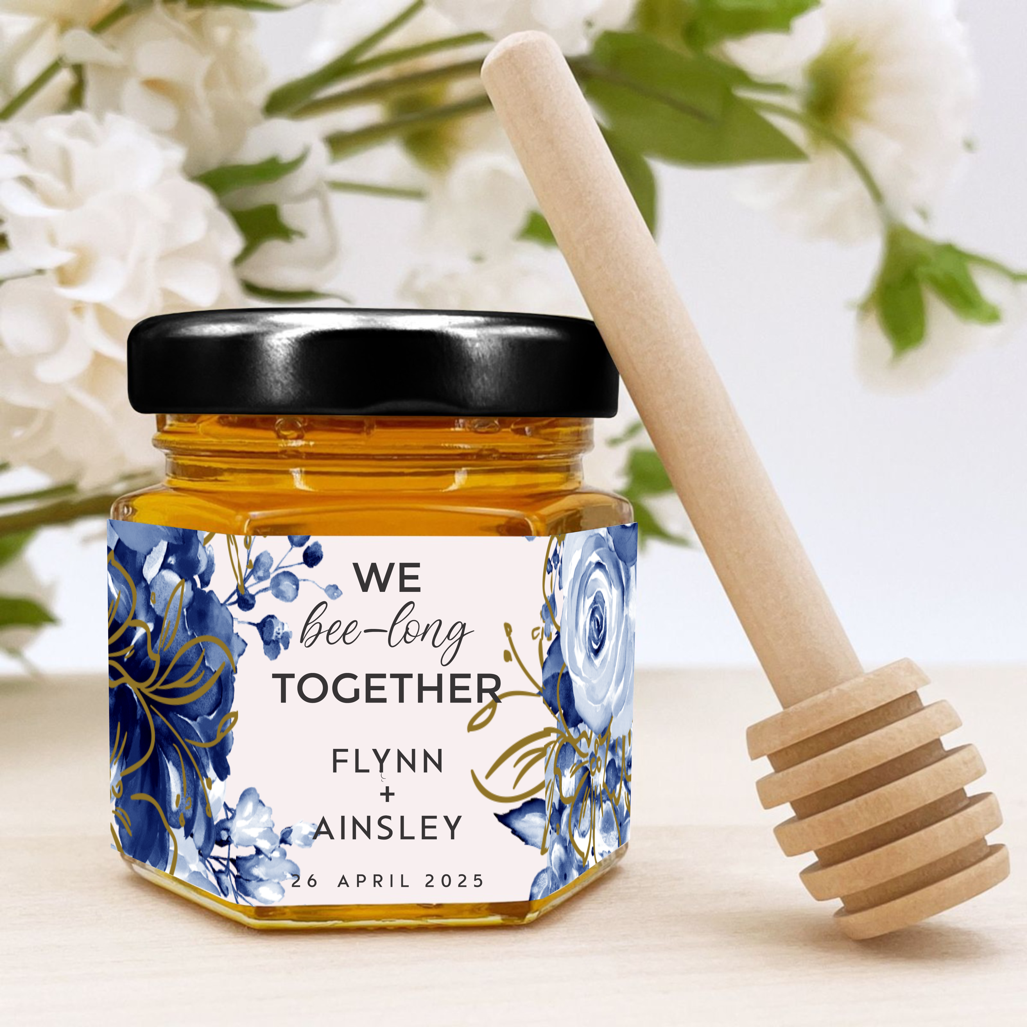 Honey in a Hexagonal Jar - 60ml - Midnight blooms, gold, wedding favour