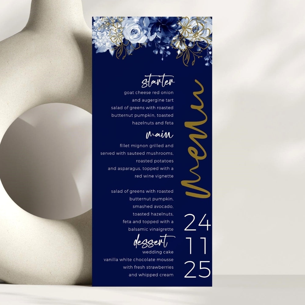 Midnight Blooms Menu, gold, menu