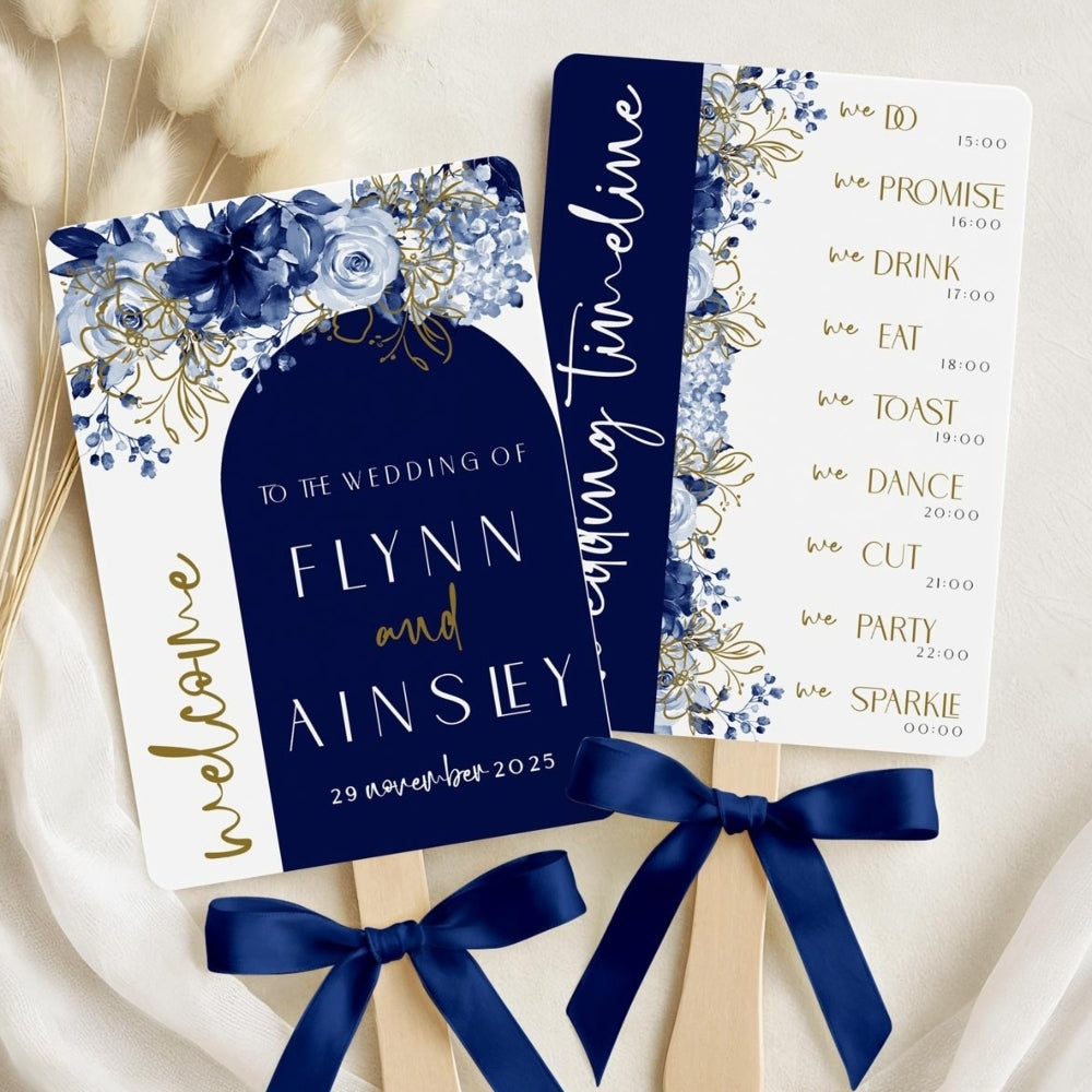 Paddle Fan Program - Midnight Blooms, gold, wedding favour