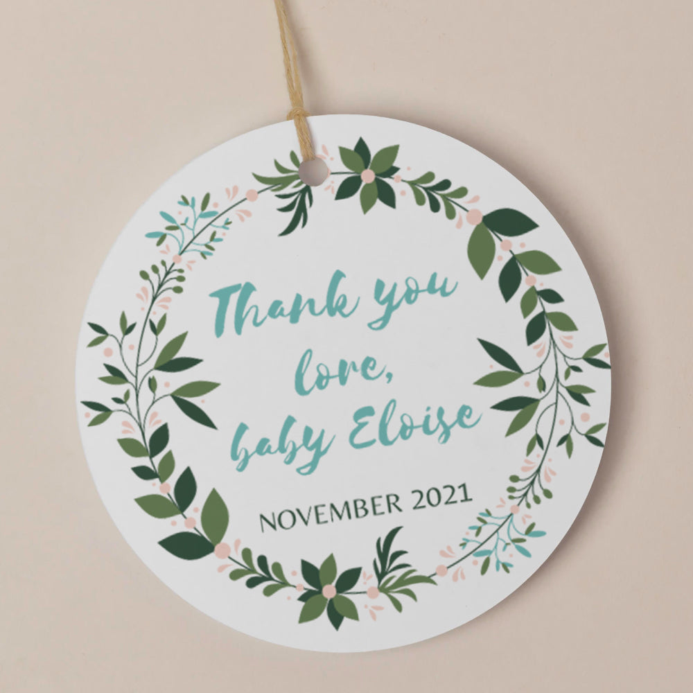 Thank You Tag/Stickers - Mini Wreath Welcome Baby, green, wedding favour