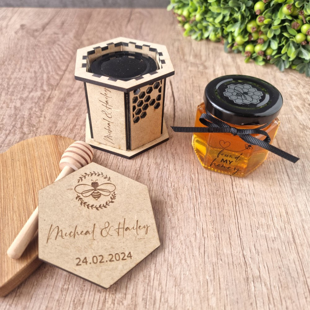 Mini Honey Jar in Hexagon Wooden Gift Box Duo - 60ml, wood, wedding favour