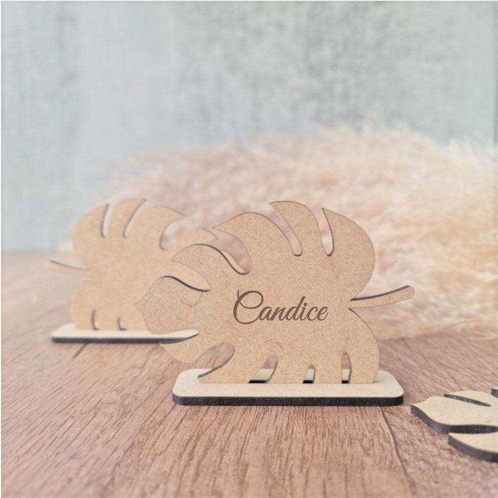 Personalised Monstera Leaf Shaped Wood Name Place Holders with Stand, wood, place card