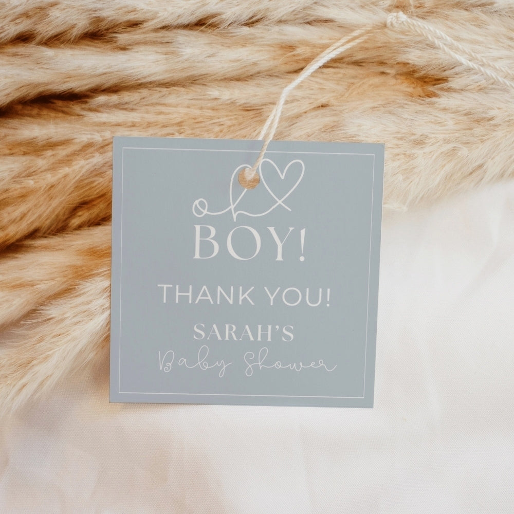 Oh boy - square blue thank you tag for baby shower