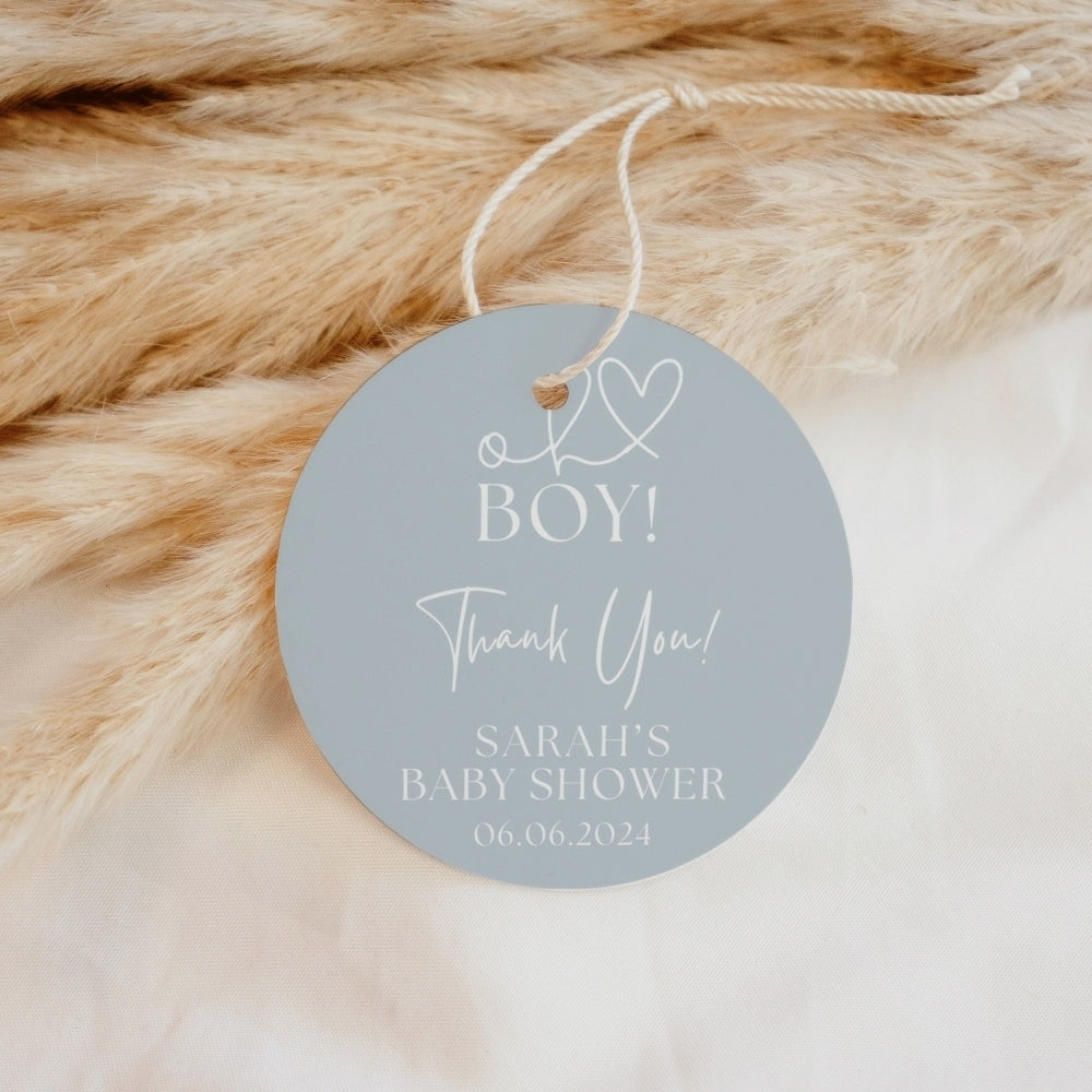 Oh boy - blue round thank you tag for baby shower