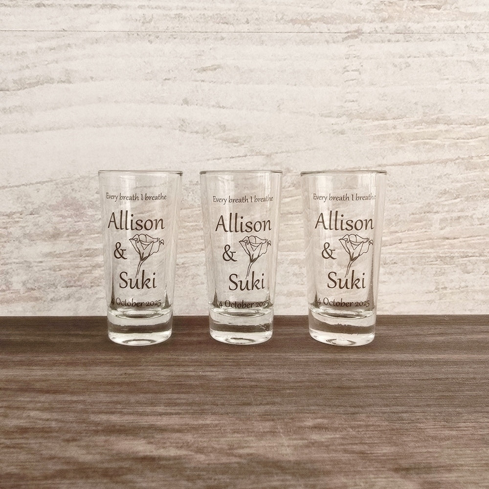 Personalised 25ml Shot Glass with Custom Sticker, glass, wedding favour