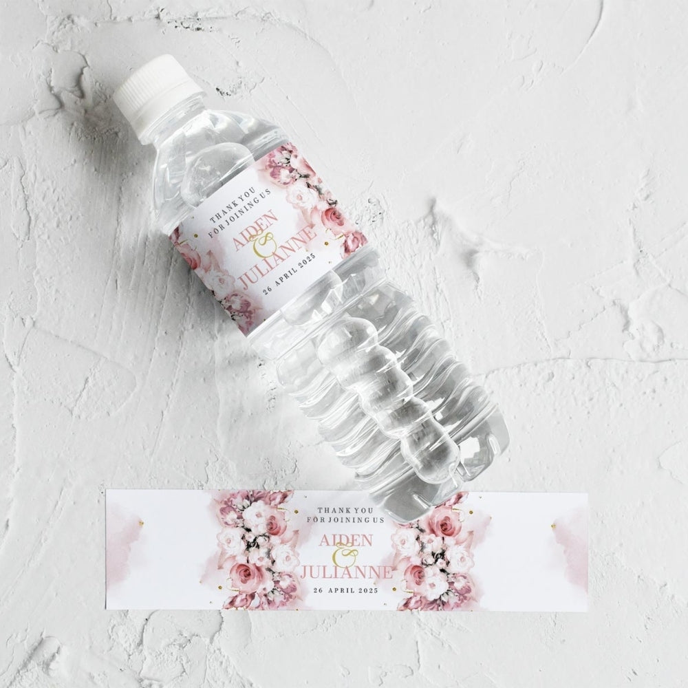 Blushing Pink Blooms Water Bottle Label Stickers, white, sticker