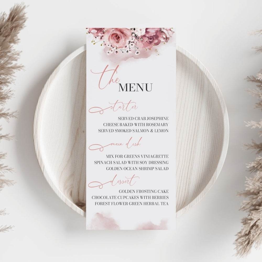 Blushing Pink Blooms Menu, white, menu