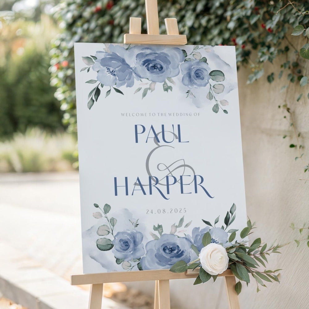 Welcome Sign - Serene Blues - Portrait, blue, wedding welcome sign, angled view