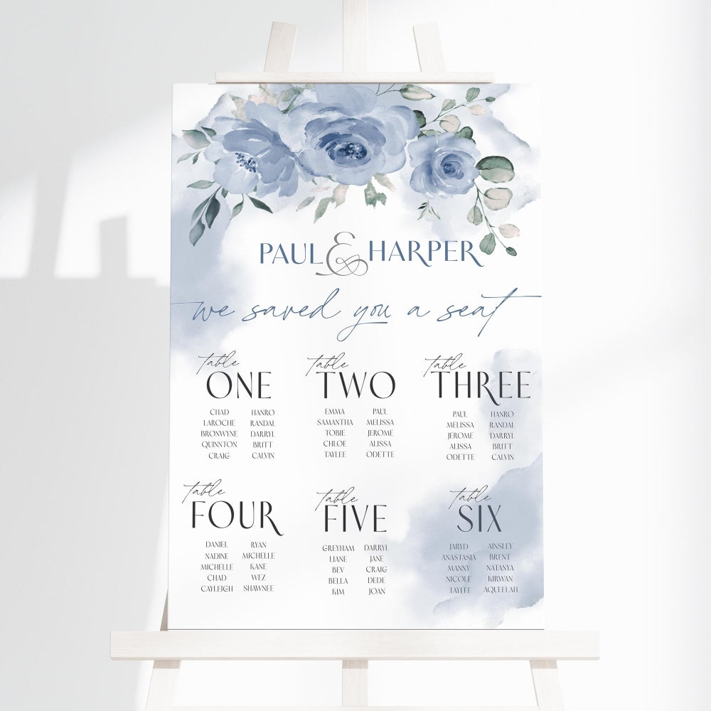 Wedding seating chart with floral design and table assignments on a white background
