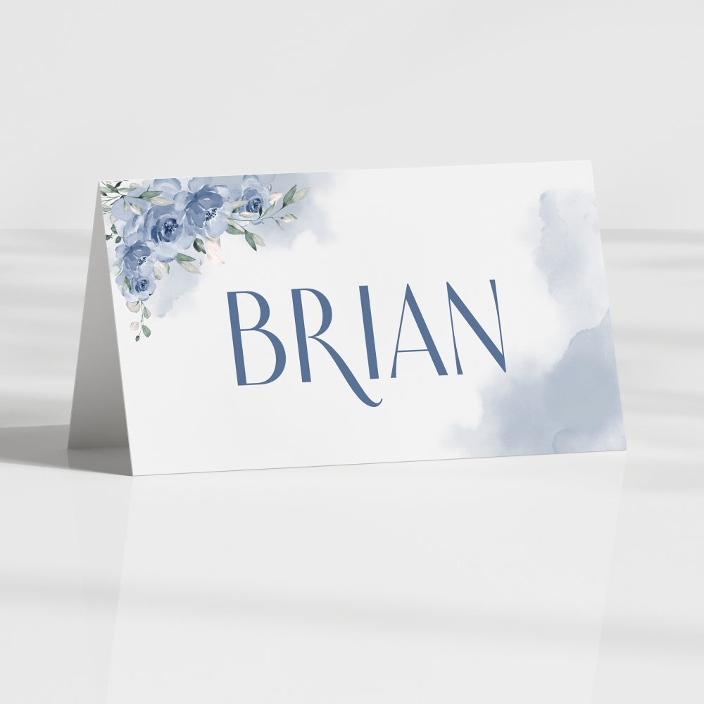 Place card with blue floral design and 'BRIAN' text on a white background