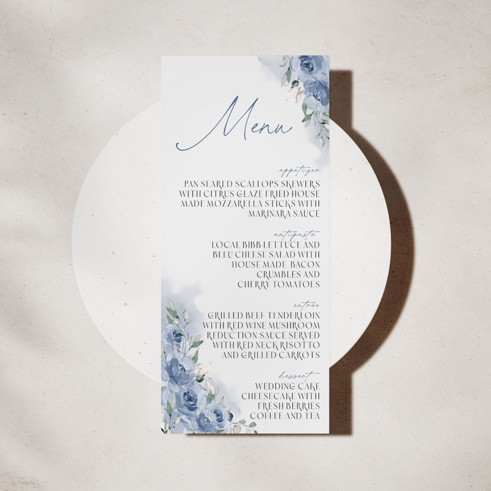 Menu card with blue floral design on a white background