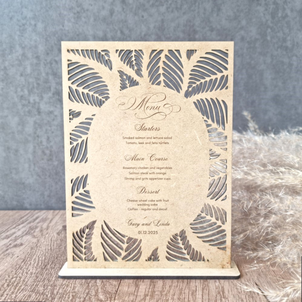 Wooden Table Number & Menu Combo - Leaf design, wood, gold