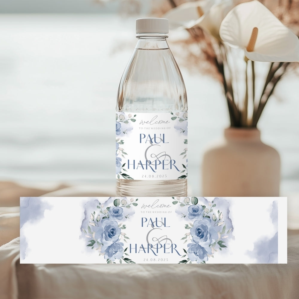Water Bottle label with blue florals and reflection on a blurred background