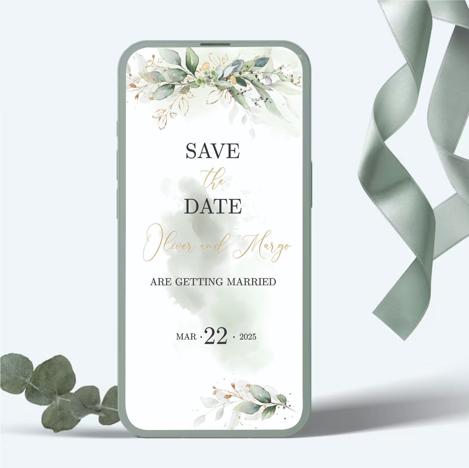 Elegant Green Botanical Digital Invitation, green, save the date