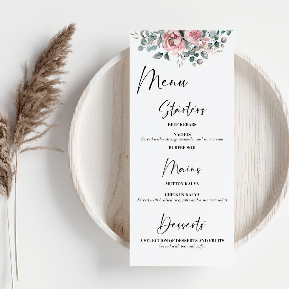 Blush Pink Menu, gold, menu