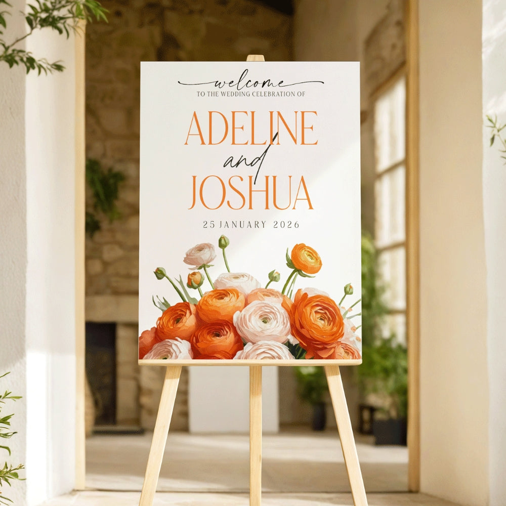 Welcome Sign - Charming Orange Florals - Portrait, orange, welcome sign