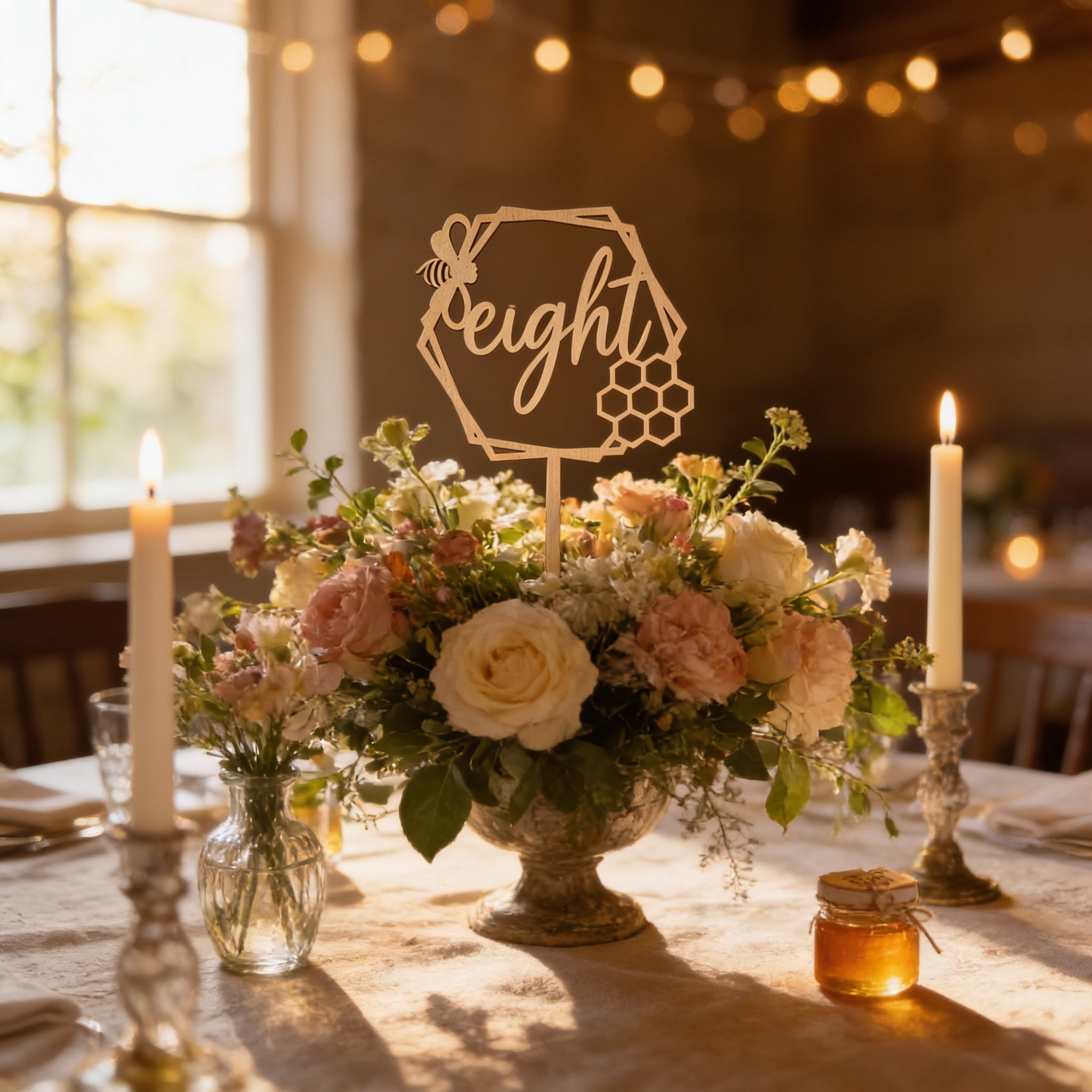 a beautifully arranged table setting with a floral centerpiece, candles, and other decorative elements.