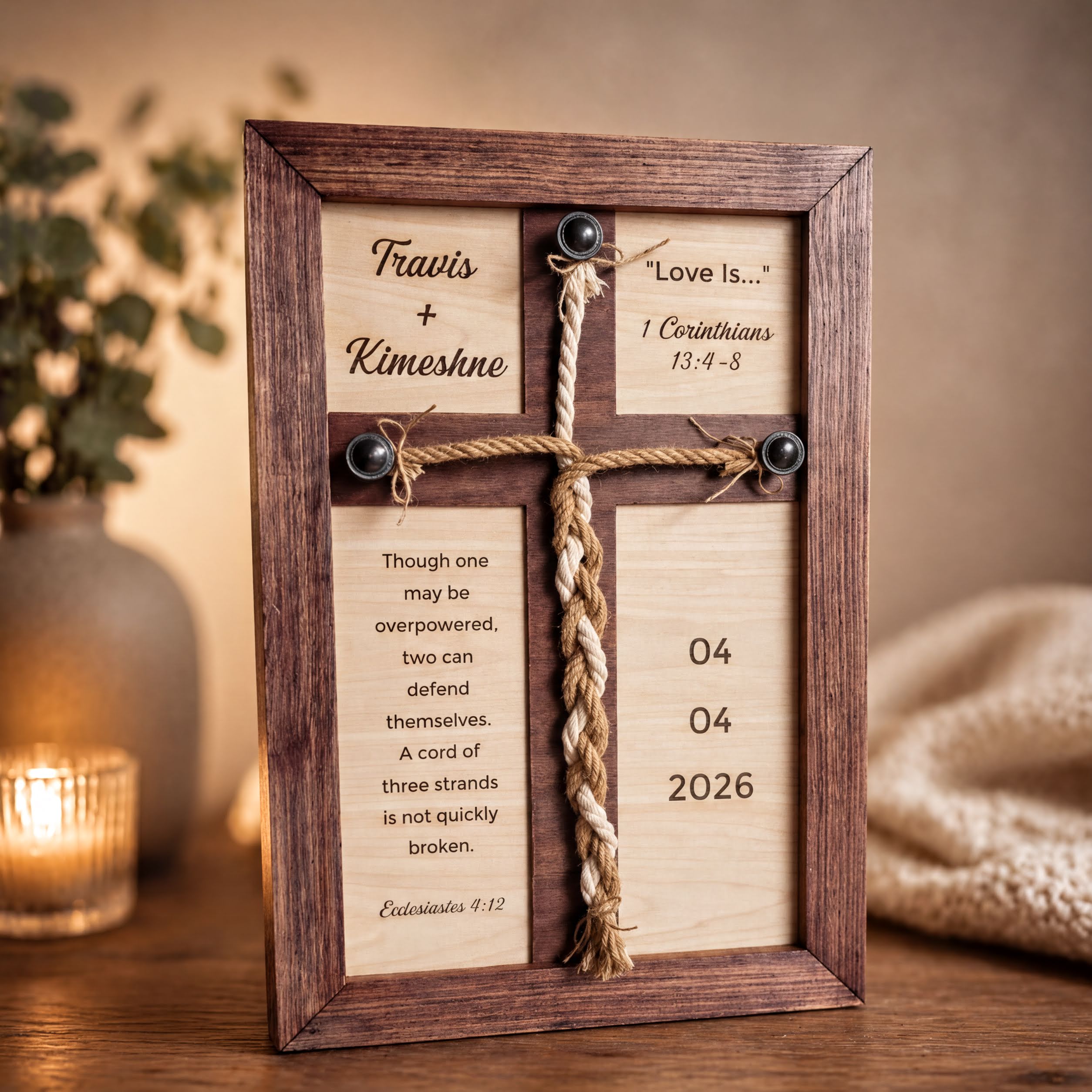 A wooden cross with a Bible verse and a date displayed on it, placed on a wooden surface with a vase and a candle in the background.