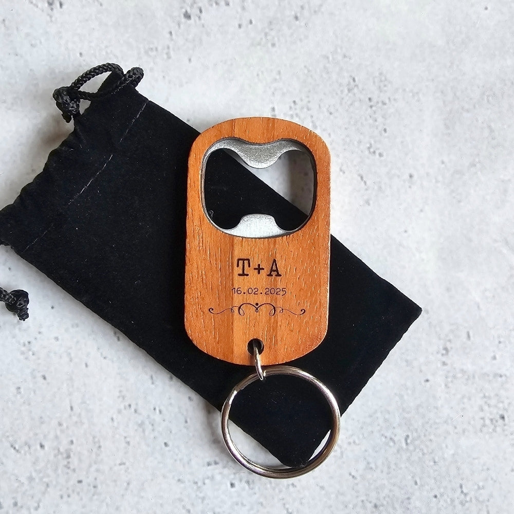 Rustic Wooden Bottle Opener Keyring, wood, wedding favour