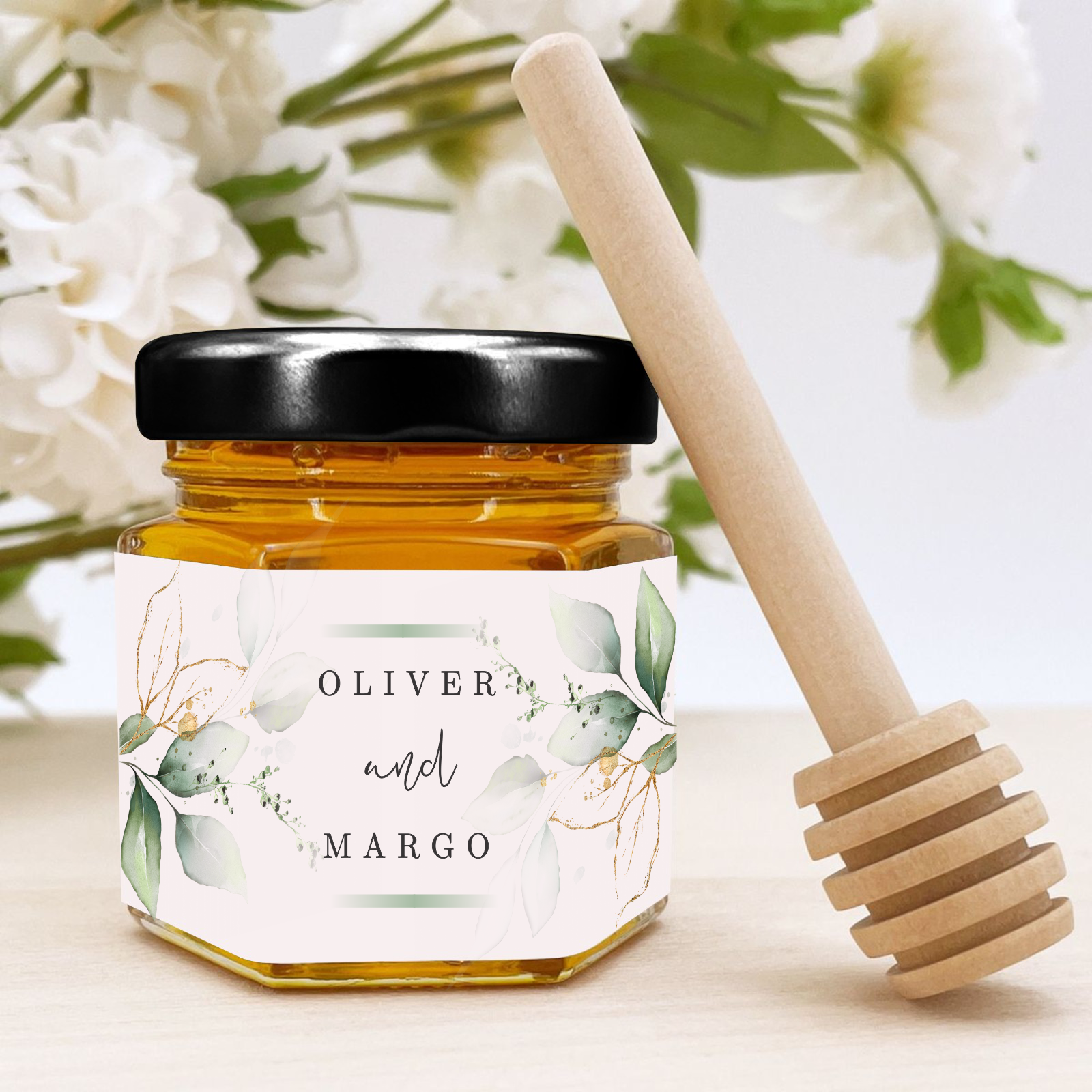 Honey in a Hexagonal Jar - 60ml - Elegant Green Botanical, green, wedding favour