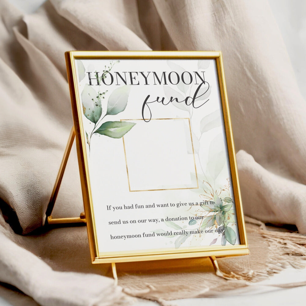 Elegant Green Botanical - Printed Honeymoon Fund Sign - A4, green, A4