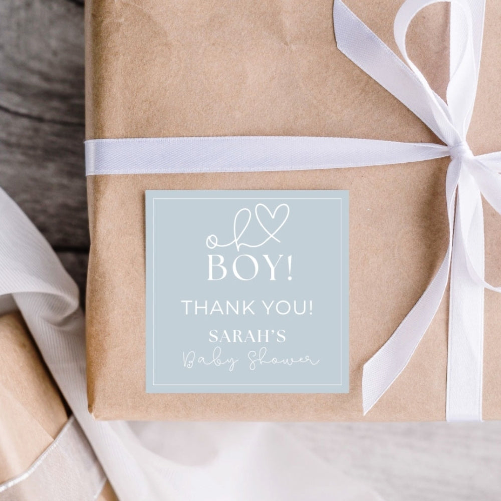 Oh boy - blue thank you sticker for baby shower
