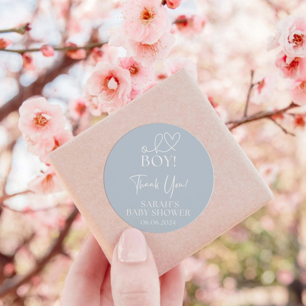 Oh boy - blue thank you round sticker for baby shower