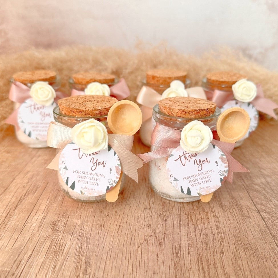 Rose Geranium bath salts in a mini cork jars with a salt spoons