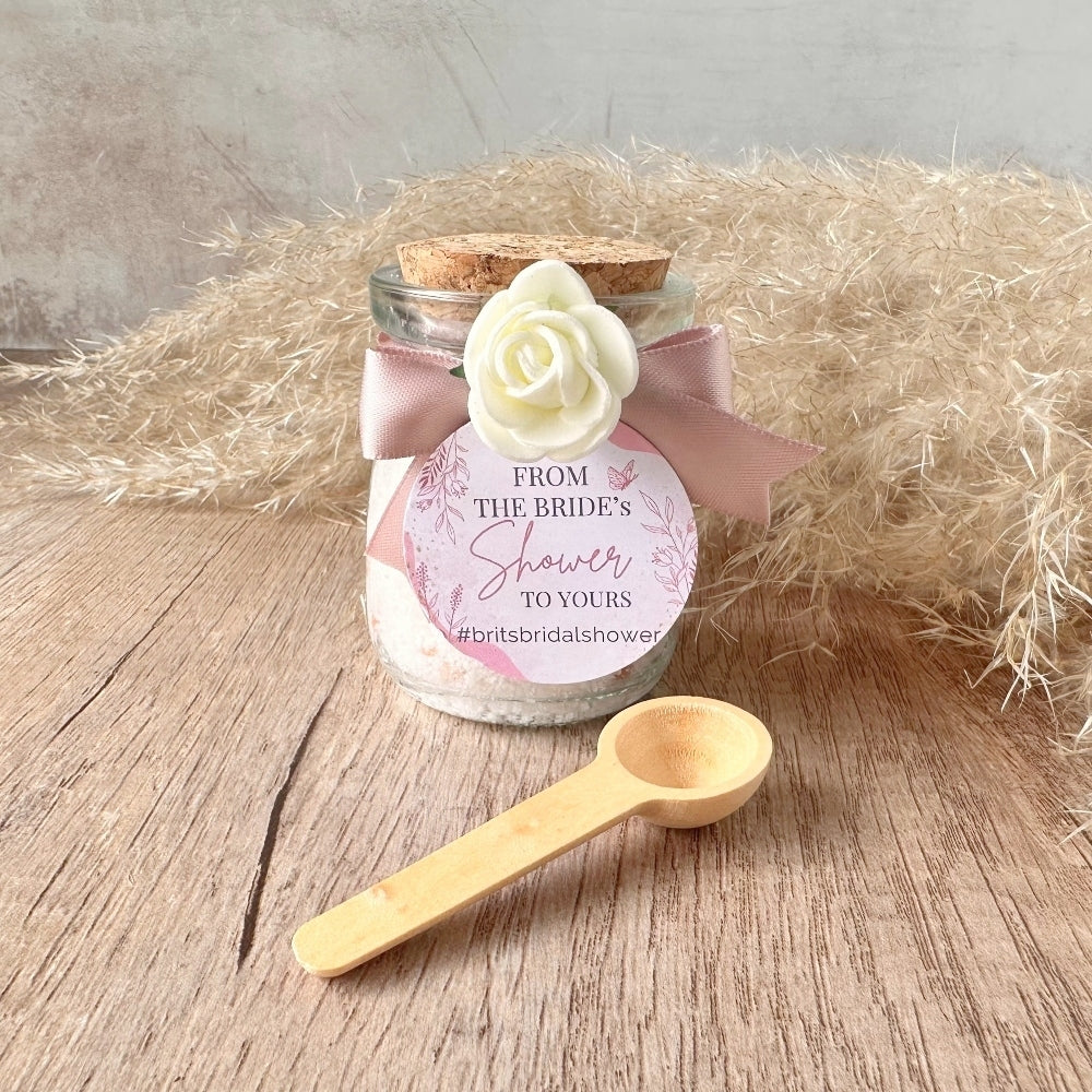 Rose Geranium bath salts in a mini cork jar with a salt spoon