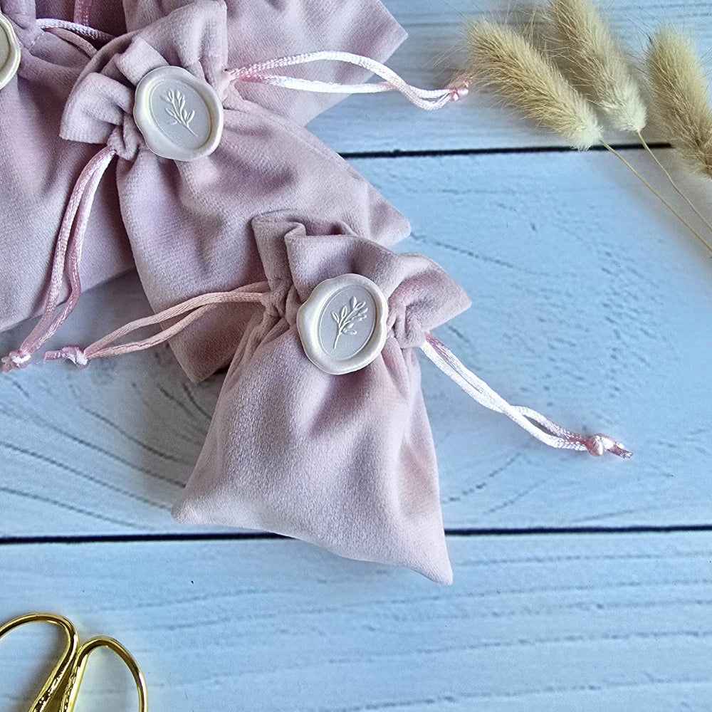 Blush Pink Velvet Favour Bags with Optional Wax Seal Finish, blush, wedding favour