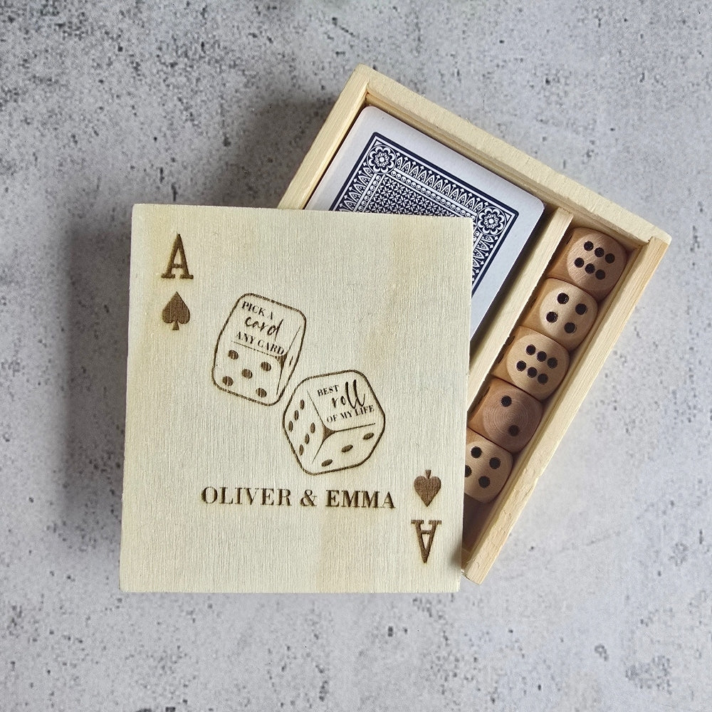 Personalised Playing Cards & Dice Set in Wooden Box, wood, wedding favour