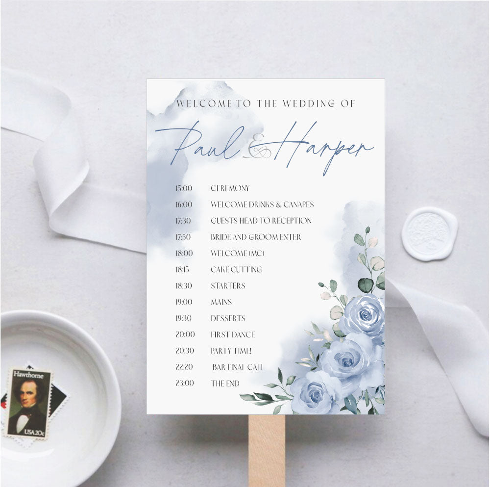 back of the paddle fan wedding timeline programme in serene blues